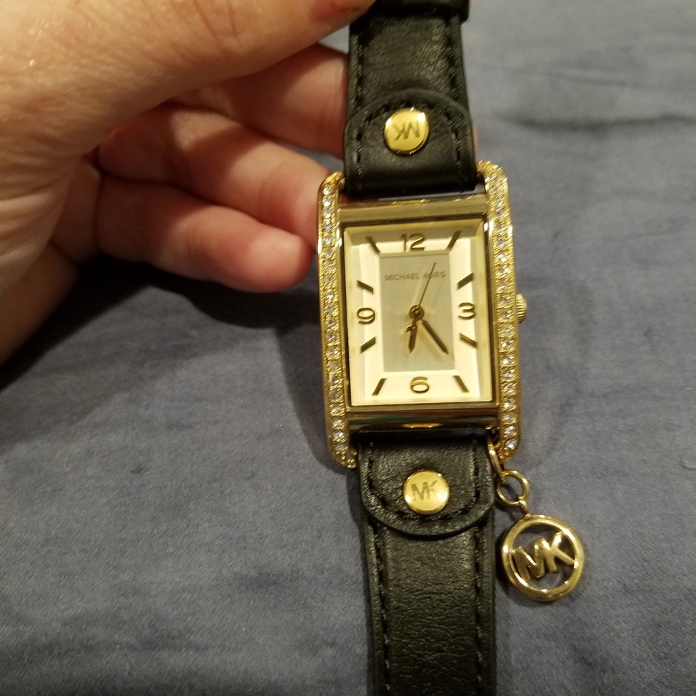 Michael Kors Black Leather Watch with Hang Charm